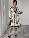 Women Plus Size V - Neck Puff Sleeve Printed Midi Dress - PRUSES