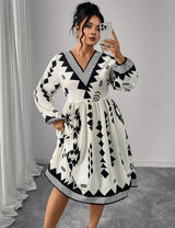 Women Plus Size V - Neck Puff Sleeve Printed Midi Dress - PRUSES