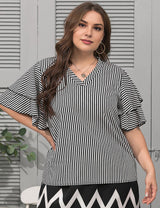 Women Plus Size V - Neck Ruffle Sleeves Striped Blouse | PRUSES - PRUSES
