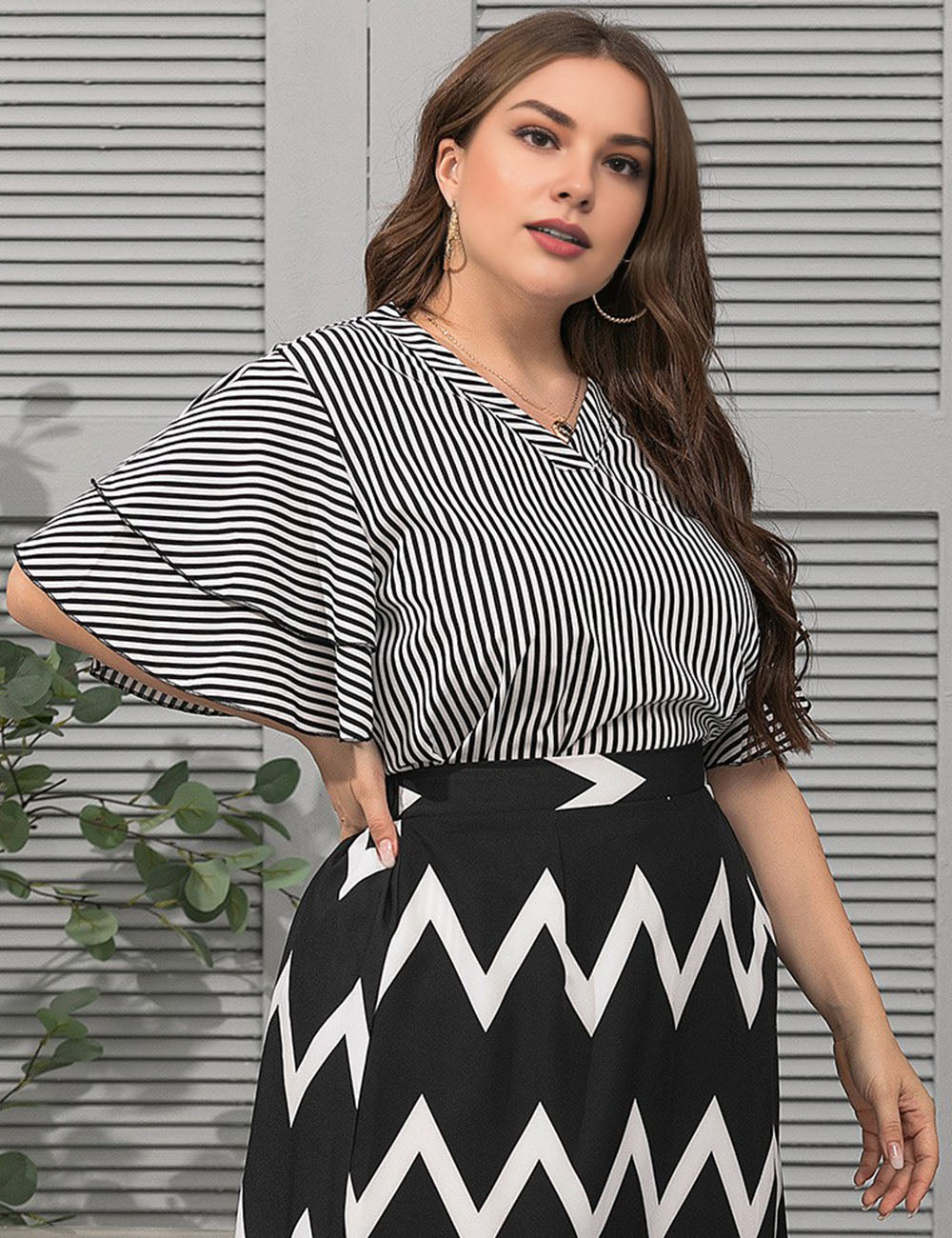 Women Plus Size V - Neck Ruffle Sleeves Striped Blouse | PRUSES - PRUSES