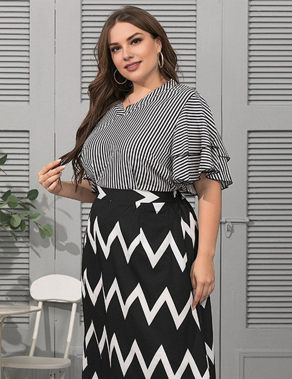 Women Plus Size V - Neck Ruffle Sleeves Striped Blouse | PRUSES - PRUSES