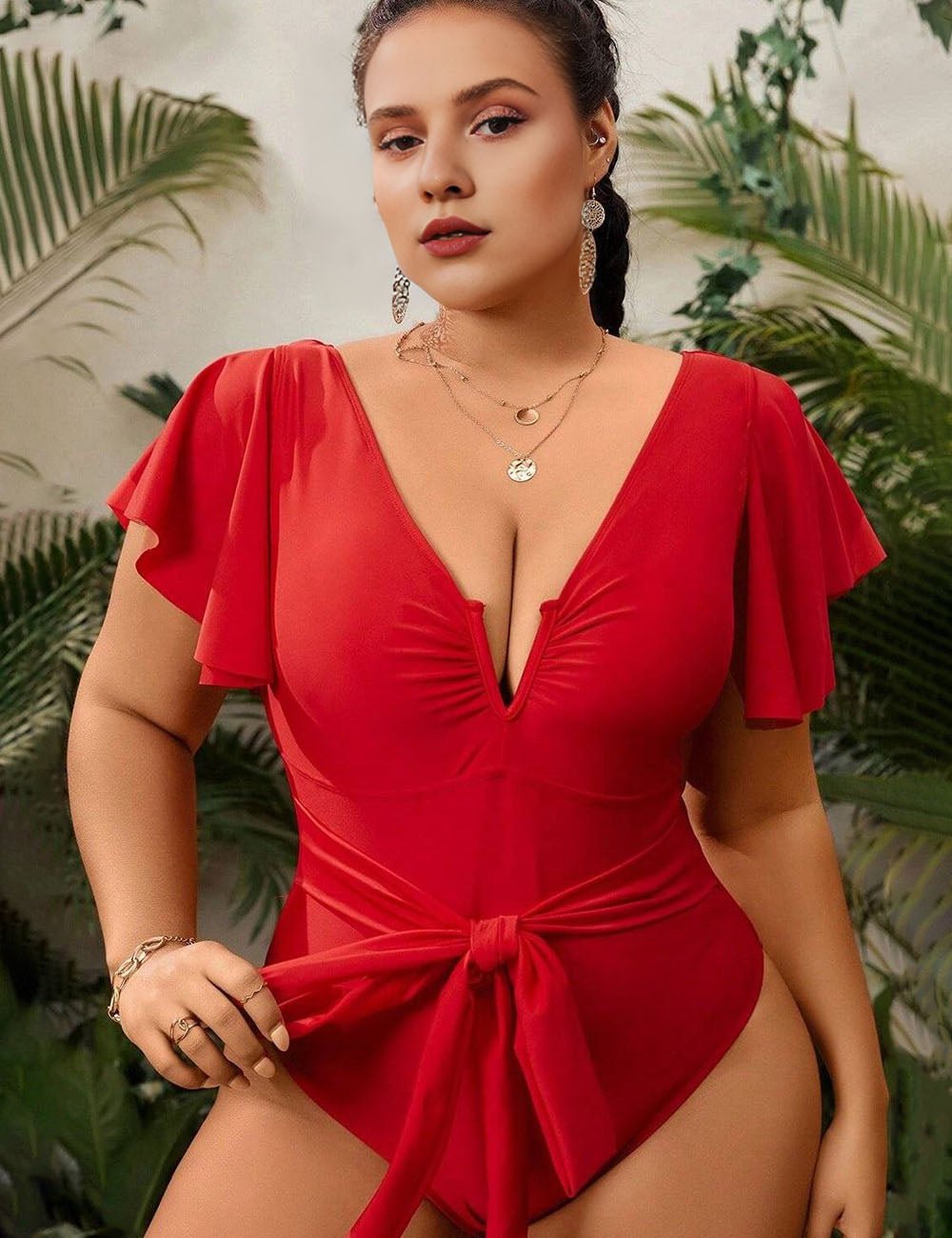 Women Plus Size V Neck Ruffle Swimsuit - PRUSES