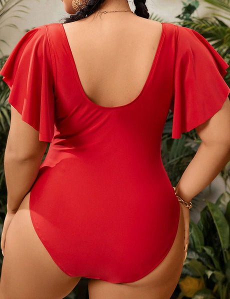 Women Plus Size V Neck Ruffle Swimsuit - PRUSES