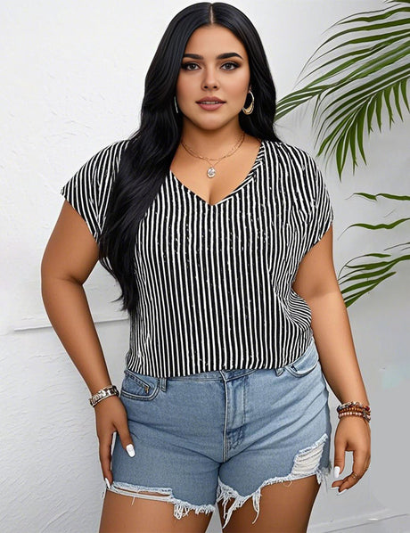 Women Plus Size V - Neck Striped T-Shirt | PRUSES - PRUSES
