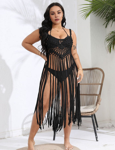 Women Plus Size Vacation Fringe Splicing Cover Up Dress | PRUSES - PRUSES