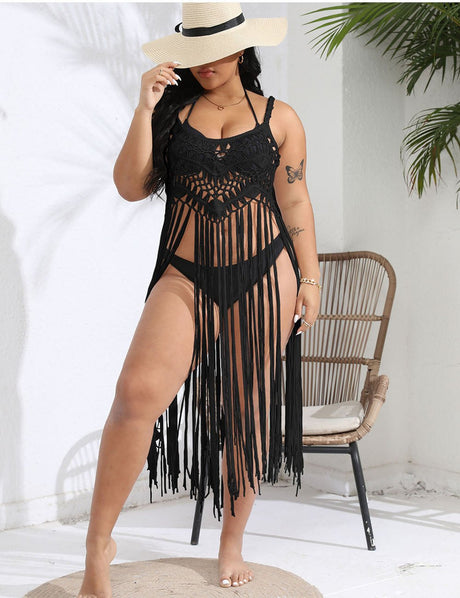 Women Plus Size Vacation Fringe Splicing Cover Up Dress | PRUSES - PRUSES