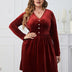 Women Plus Size Velvet Burgundy Buttoned Long Sleeve Midi Dress - PRUSES