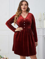 Women Plus Size Velvet Burgundy Buttoned Long Sleeve Midi Dress - PRUSES