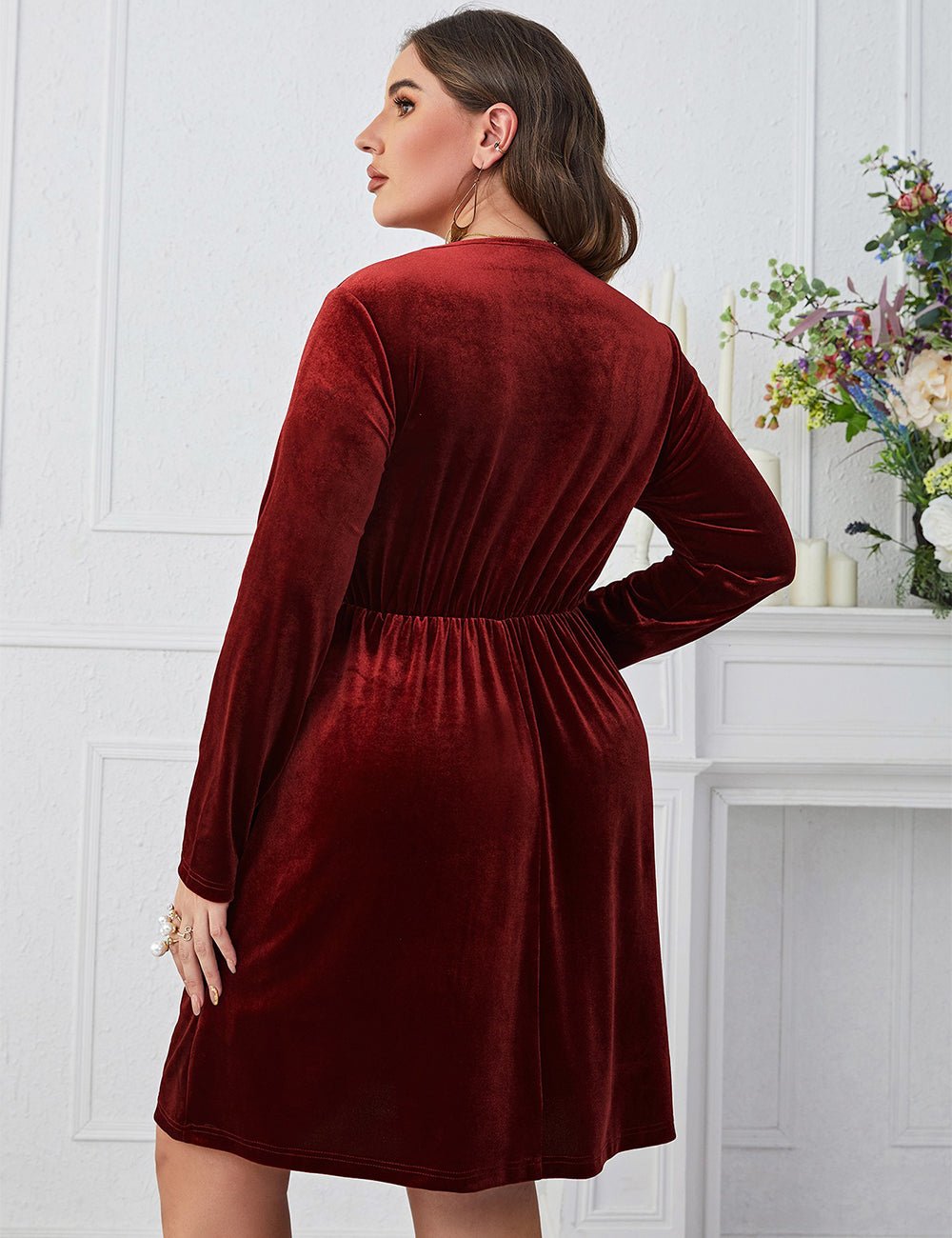 Women Plus Size Velvet Burgundy Buttoned Long Sleeve Midi Dress - PRUSES