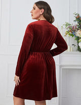 Women Plus Size Velvet Burgundy Buttoned Long Sleeve Midi Dress - PRUSES