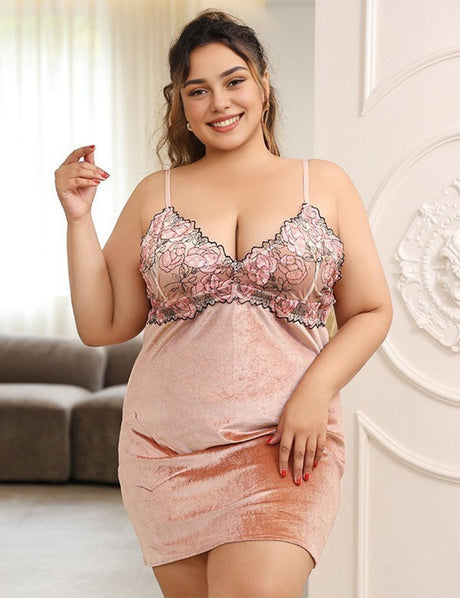 Women Plus Size Velvet Lace Babydoll Nightgown - PRUSES