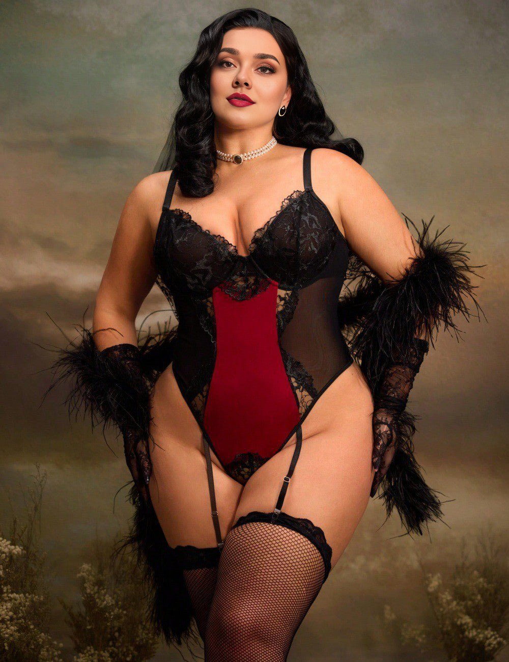 Women Plus Size Vintage Lace Teddy with Garter - PRUSES