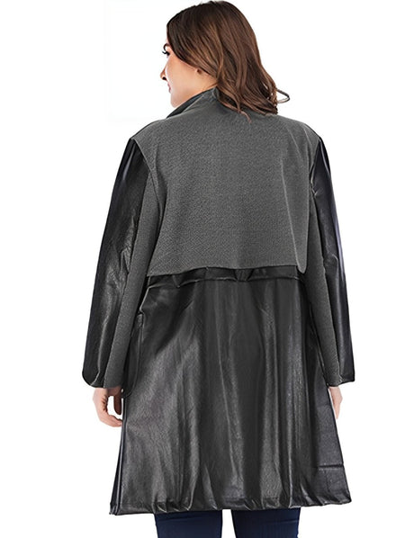 Women Plus Size Vintage Patchwork PU Leather Coat - PRUSES