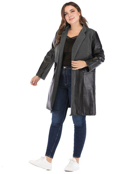 Women Plus Size Vintage Patchwork PU Leather Coat - PRUSES