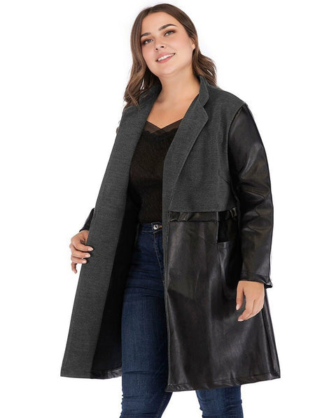 Women Plus Size Vintage Patchwork PU Leather Coat - PRUSES