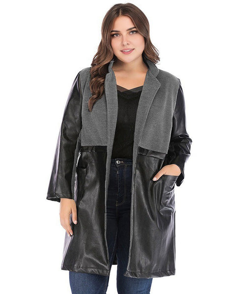 Women Plus Size Vintage Patchwork PU Leather Coat - PRUSES