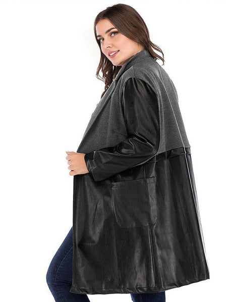 Women Plus Size Vintage Patchwork PU Leather Coat - PRUSES