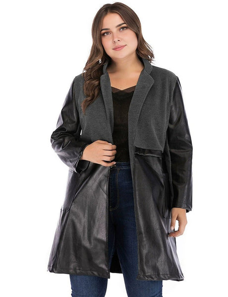 Women Plus Size Vintage Patchwork PU Leather Coat - PRUSES