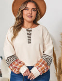 Women Plus Size Waffle Colorblock Striped Plaid Pullover - PRUSES