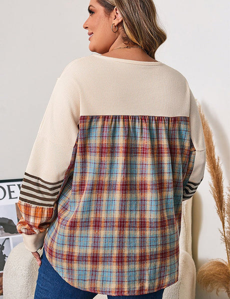Women Plus Size Waffle Colorblock Striped Plaid Pullover - PRUSES