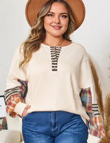 Women Plus Size Waffle Colorblock Striped Plaid Pullover - PRUSES