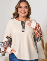 Women Plus Size Waffle Colorblock Striped Plaid Pullover - PRUSES