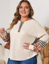 Women Plus Size Waffle Colorblock Striped Plaid Pullover - PRUSES