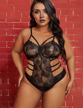 Women Plus Size Waist Cutout Lace Bodysuit - PRUSES
