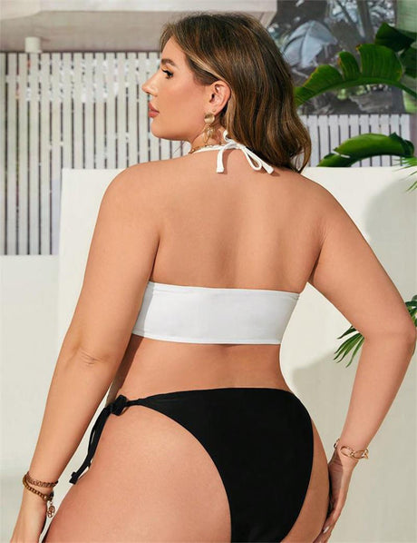 Women Plus Size White Bikini With Floral Accents - PRUSES
