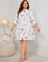 Women Plus Size White Floral Button Down Shirt Dress - PRUSES