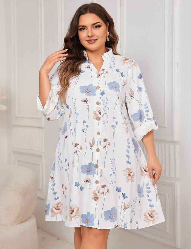 Women Plus Size White Floral Button Down Shirt Dress - PRUSES