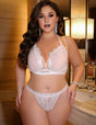Women Plus Size White Halter Floral Lace Trim Bra Set - PRUSES