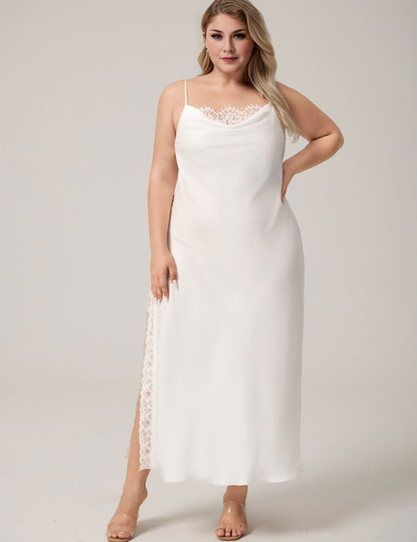 Plus Size White Lace Trim High Slit Maxi Slip Nightgown