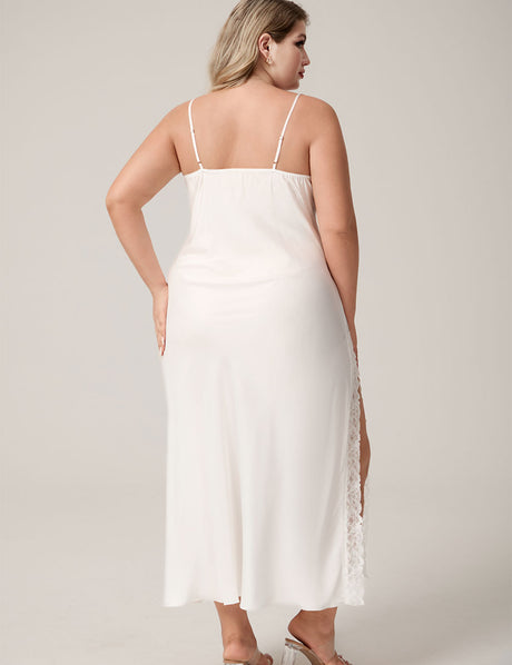 Plus Size White Satin High Slit Maxi Slip Nightgown