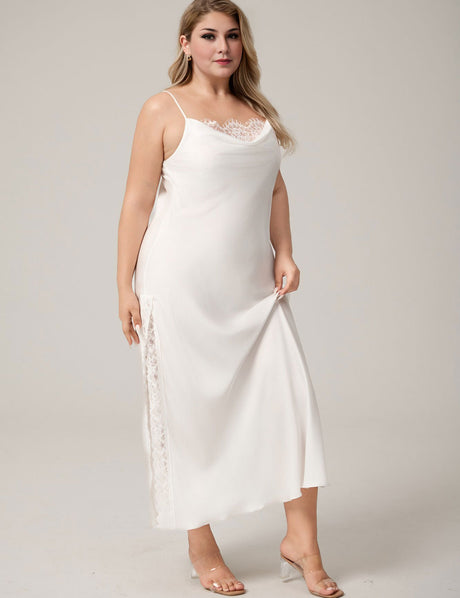Plus Size White Lace Trim High Slit Maxi Nightgown