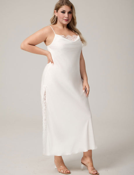 Plus Size White Satin Lace Trim High Slit Maxi Nightgown