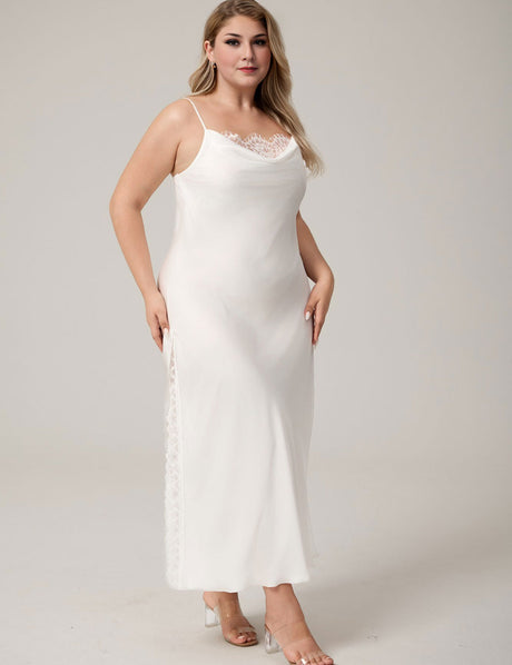 Plus Size White Satin Lace Trim High Slit Long Nightgown