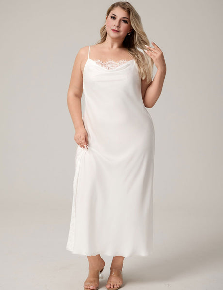 Plus Size White Satin Lace Trim High Slit Spaghetti Strap Nightgown