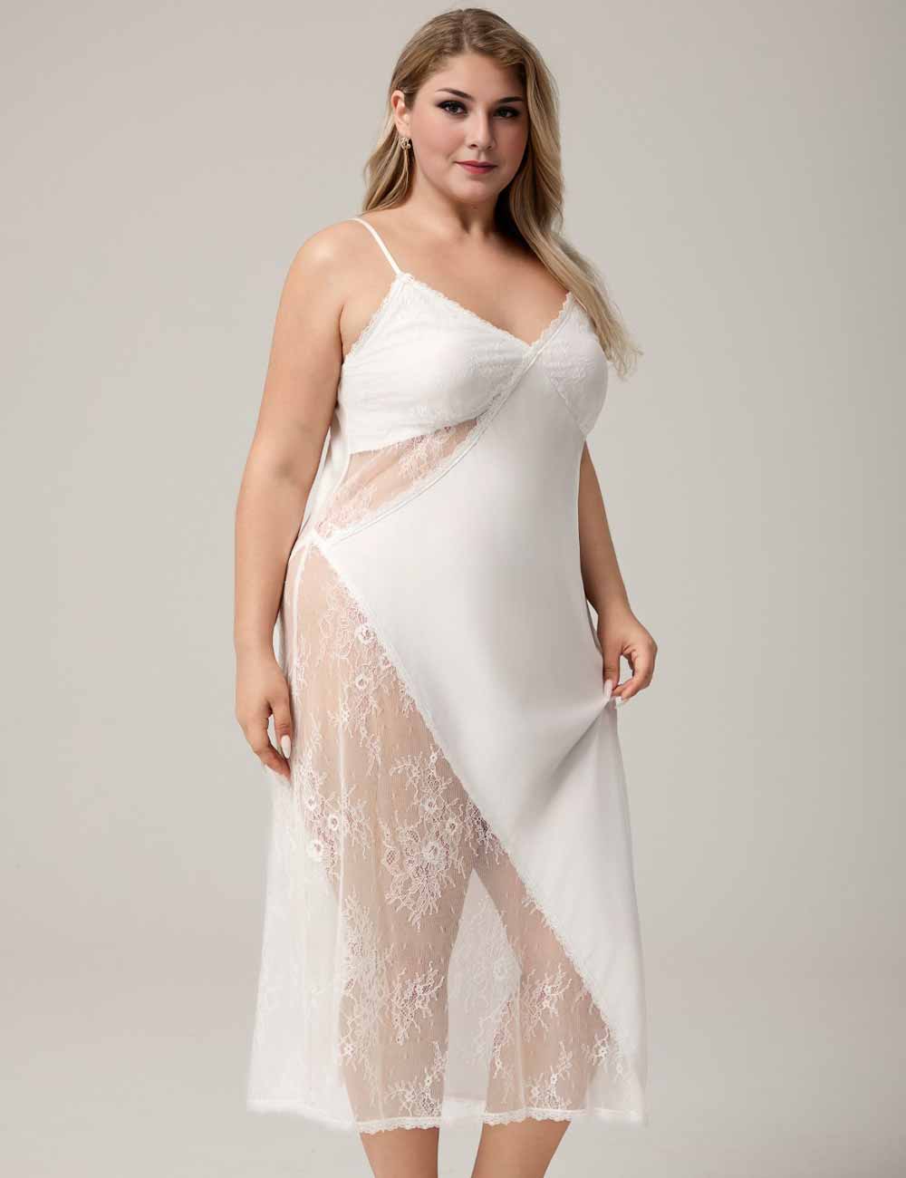 Women Plus Size White Satin and Lace Long Nightgown