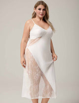Women Plus Size White Satin and Lace Long Nightgown