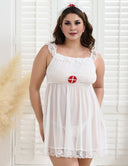 Women Plus Size White Nurse Roleplay Lace Mesh Babydoll - PRUSES