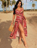 Plus Size Wrapped V-Neck Spaghetti Strap High Slit Dress