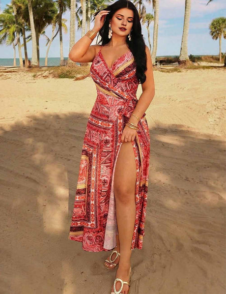 Plus Size Red Wrapped V-Neck Spaghetti Strap Beach Dress