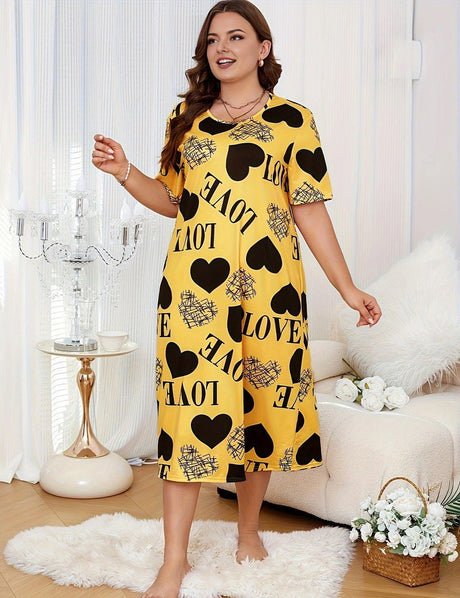 Women Plus Size Yellow Heart Pattern Short Sleeve Nightgown