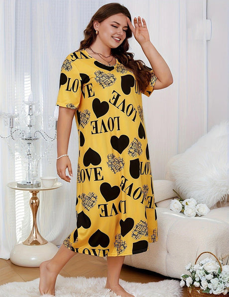 Women Plus Size Yellow Heart Printed Short Sleeve Long Nightgown