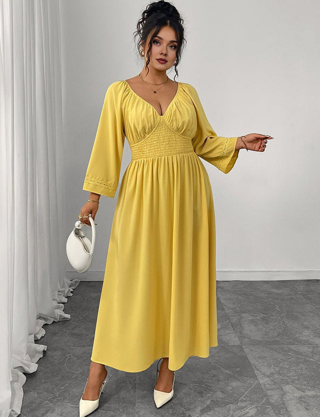 Women Plus Size Yellow Pleated A - Line Dress - PRUSES