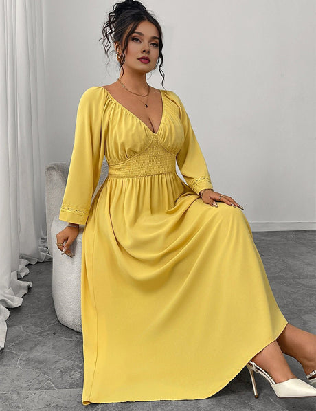 Women Plus Size Yellow Pleated A - Line Dress - PRUSES