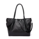 Women's Black Large Woven Vegan Leather Tote Bag Trendy Simply Handbag | PRUSES