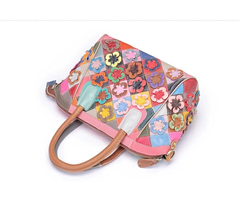 Women's Pink Flowers Leather Satchel Handbag Work Tote Bags | PRUSES