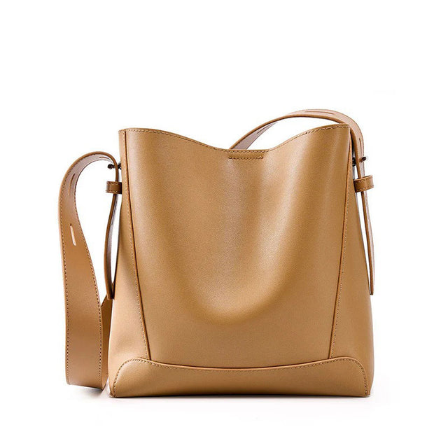 Women's Khaki Genuine Leather Bucket Bags Wide Strap Shoulder Bags 